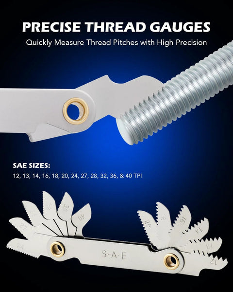 Tap and die set with folding blade gauges showing SAE sizes
