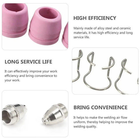 Get Your Hands On This Pl60 Plasma Cutter Kit Full Set Includes Cutting Torch Tip Nozzles And Consumables For Serious Welding Jobs With Super High Heat Resistance And Electric Flow That Keeps You Going All Day Long. Image of pink ceramic torch tips and metal pieces.