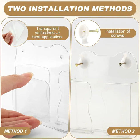 Two installation methods for Two Pack Wall Mounted Phone Holder With Charging Hole Self Adhesive Clear Phone Cradle Bedside Organizer.