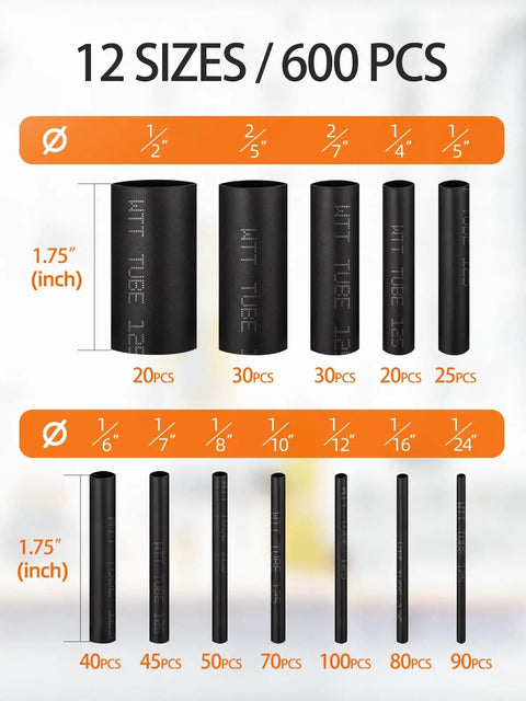 12 sizes of black tubing from 3:1 Heat Shrink Tubing Kit, 600 Pieces, Quick Shrink For Wire And Electrical Jobs diagram