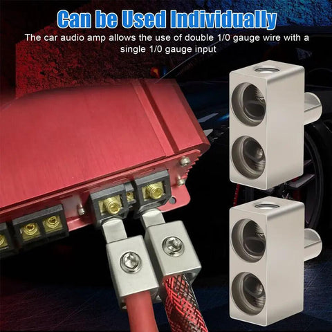 Four Pack Offset 1/0 Gauge Car Audio Power And Ground Reducers For Dual 1/0 To 1/0 Input Aluminum Nickel Plated Heavy Duty Amp Wiring Adapters Compatible With Oversized 1/0 And 2/0 Wire For Install on car amp with dual 1/0 cables