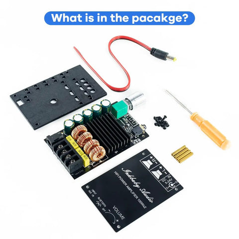 Bluetooth 5.0 Amplifier Board With TPA3116D2 Dual Channel 100W And 100W Output, components, screws, cables, and cover plate