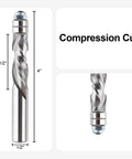 Spiral Flush Trim Router Bit With 1/2 Inch Shank And 1-1/2 Inch Cutting Length 4 Inch Overall For DIY Woodworking And CNC Trimming Solid Carbide UP-Down Compression Bit That Stays Sharp shown with measurements