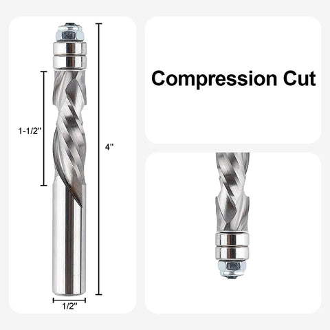 Spiral Flush Trim Router Bit With 1/2 Inch Shank And 1-1/2 Inch Cutting Length 4 Inch Overall For DIY Woodworking And CNC Trimming Solid Carbide UP-Down Compression Bit That Stays Sharp shown with measurements