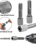 SDS Plus Drill Chuck Adapter to 6.35mm One Quarter Inch Hex Socket Converter with knurled anti-slip grip, shown with quick release.
