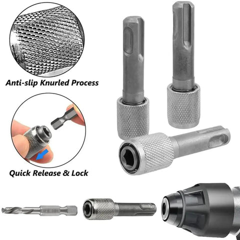 SDS Plus Drill Chuck Adapter to 6.35mm One Quarter Inch Hex Socket Converter with knurled anti-slip grip, shown with quick release.