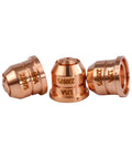 Three copper plasma cutter nozzle tips labeled 220975 and 125A for PMX125 shown in close-up