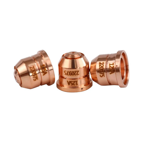Three copper plasma cutter nozzle tips labeled 220975 and 125A for PMX125 shown in close-up