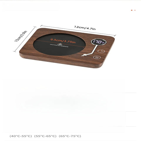 Game Changing Desk Essential Smart Electric Coffee Heated Coaster With Precise Thermostatic Heat Control Adjustable From Forty To Seventy Five Degrees showing dimensions 12cm x 15cm.
