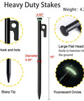 Heavy Duty Tent Stakes Kit With Hammer And Pouch, 12-Pack 10-Inch Forged Steel Stakes For Rocky Ground, showing stake features