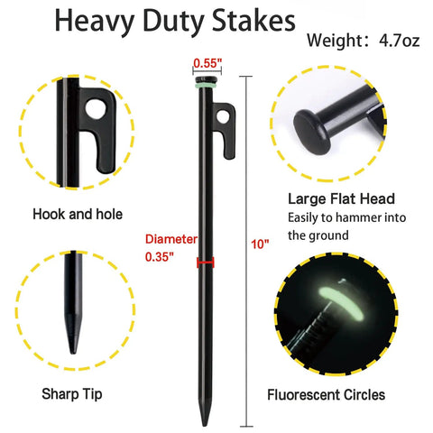 Heavy Duty Tent Stakes Kit With Hammer And Pouch, 12-Pack 10-Inch Forged Steel Stakes For Rocky Ground, showing stake features