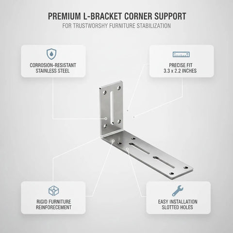 Stainless Steel L Bracket Corner Reinforcement For Furniture Easy Install For Cabinets Bookshelves And Wardrobes Keeps Frames Square And Stable Restores Wobbly Joints In Kitchens And Living Rooms 3.3 By 2.2 Inches One Piece with corrosion-resistant design and slotted holes.
