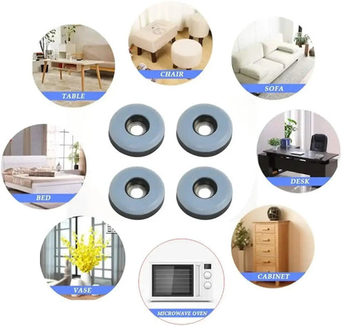 Four PTFE furniture glides arranged in a circle showcasing various uses including table, chair, and desk for heavy gear.