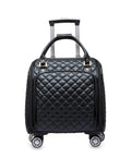 Front view of leather softside underseat carry-on luggage with expandable design and smooth spinner wheels, 18 inch