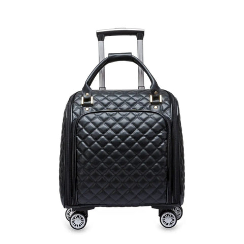 Front view of leather softside underseat carry-on luggage with expandable design and smooth spinner wheels, 18 inch