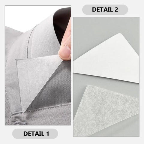 Premium White PVC Adhesive Collar Stays 240 Pack Shirt Collar Protectors For Men Dress Shirts detail of adhesive stays being applied to a dress shirt.