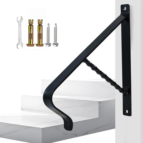 Straight Up Premium Wrought Iron Handrail For One Or Two Steps With Dead Simple Wall Mount Stair Grip Lever featuring a black rail and mounting hardware.