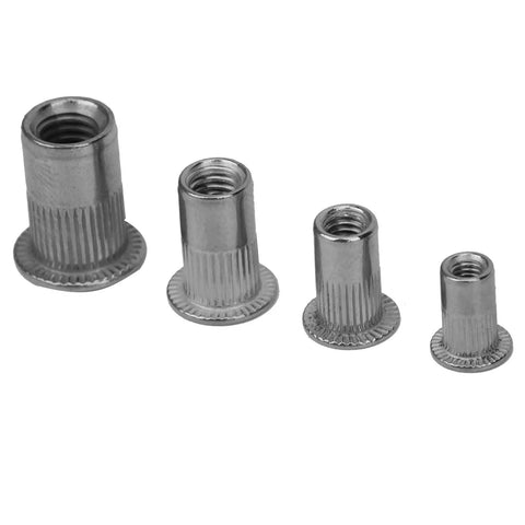 Heavy Duty Stainless Steel Rivet Nut Insert Kit M3 M4 M5 M6 Mixed Nuts For Metal Fabrication Automotive And Furniture Assembly Pro Grade 200 Piece Hardware Fastener Set No Welding Required showing M3-M6 sizes lined up on a plain background