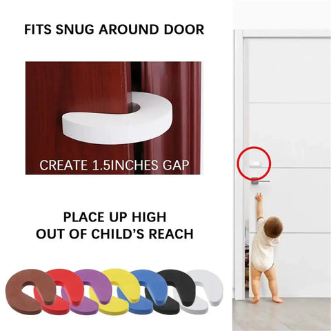 C Shape Baby Safety Locks Set For Cabinets And Doors Childproof Latches with Tool Free Snap Install shown on wooden door.