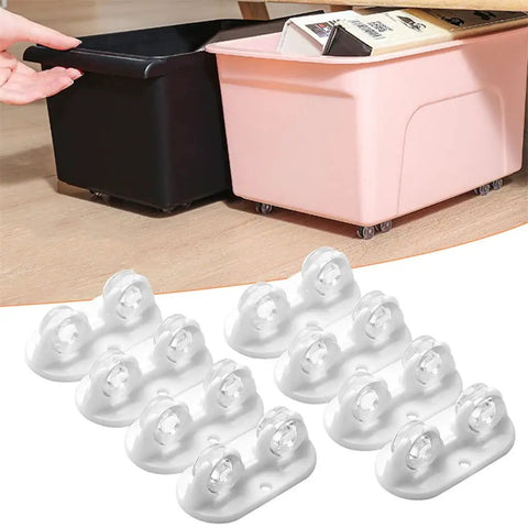 Super Heavy Duty Mini Caster Wheels For Rolling Storage Crates Peel And Stick Swivel Castors 360 Degree Rotation shown under black and pink storage bins.