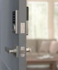 Electronic Touchscreen Deadbolt With Keypad Lock And Passage Lever Satin Nickel Finish Keyless Entry One Touch Lock ANSI Grade 3 Security 30 User Codes Easy Programming Fits Most Doors installed on interior door, showing keypad.