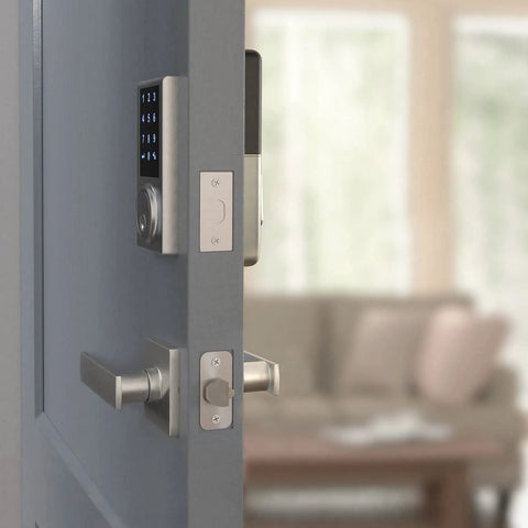 Electronic Touchscreen Deadbolt With Keypad Lock And Passage Lever Satin Nickel Finish Keyless Entry One Touch Lock ANSI Grade 3 Security 30 User Codes Easy Programming Fits Most Doors installed on interior door, showing keypad.