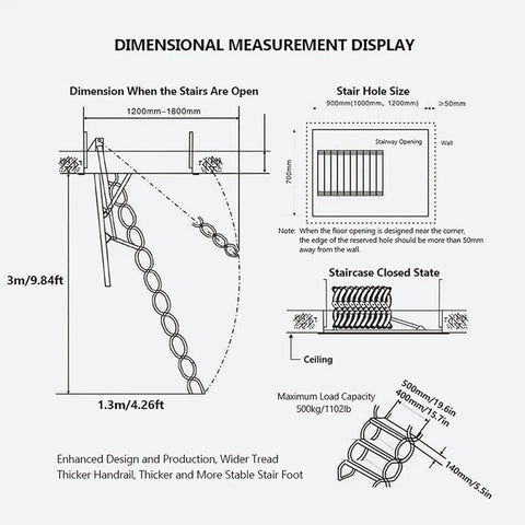 Dimensional measurement display of Heavy Duty Electric Attic Ladder, Remote Controlled Ceiling Pull Down, forged aluminum design.