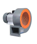 Heavy Duty Industrial Centrifugal Blower Fan Built to Crush the Heat for Smoke Exhaust Plumbing and Water Damage Restoration Runs Dead Quiet on Heavy Duty Sleeve Bearings, side view with orange grille.