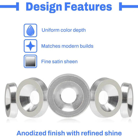 Flare Hardware Kit For M6 Mounting With 20 Silver Flat Aluminum Washers 18mm, 20 Stainless Bolts M6 X 20mm, 20 M6 Rivet Nuts, 20 Rubber Spacers, And 1 Hex L-Key For Plug-And-Play Install, Flush Surface-Smooth Fit On Trucks Or SUVs., silver anodized M6 flat aluminum washers with satin sheen and uniform color depth