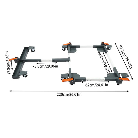 Heavy Duty Fully Adjustable Mobile Base Kit With Universal Steel Caster Wheels for moving shop tools, dimensions displayed.