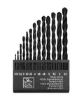 Cobalt drill bit set, 13-piece, front view, black bits in a black holder, sizes 1.5–6.5 mm.