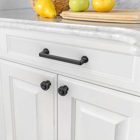 10 Pack Badass Matte Black Cabinet Pulls 5 Inch With 128 mm Spacing for Kitchen Cabinets Drawers and Cupboards on white cabinetry.