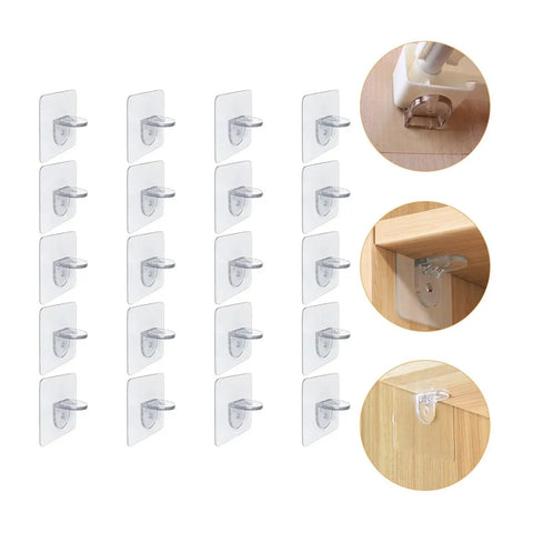 60Pcs Transparent Shelf Support Pegs With Nail Free Adhesive Clips for secure no drill shelving on cabinets or wardrobes.