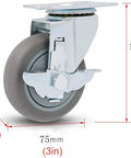 Heavy Duty Swivel Casters With Side Brake, 3 inch TPR wheel with plate mount for smooth rolling and floor safety.