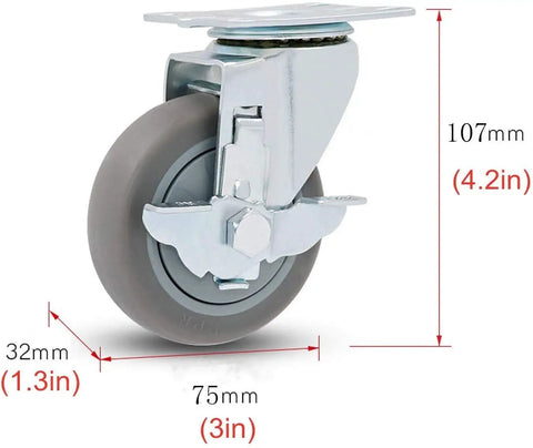 Heavy Duty Swivel Casters With Side Brake, 3 inch TPR wheel with plate mount for smooth rolling and floor safety.