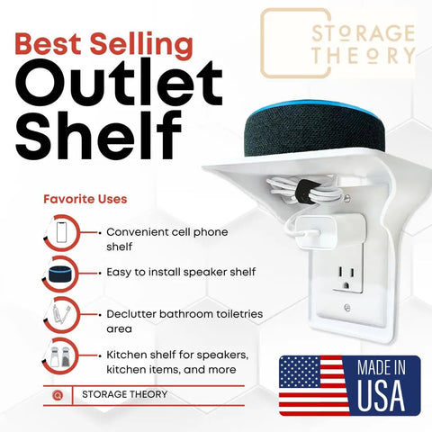 Double Wall Outlet Shelf With Cord Storage Strap To Declutter And Free Up Counter Space, Ideal For Alexa Echo Dot, White 1 Pack