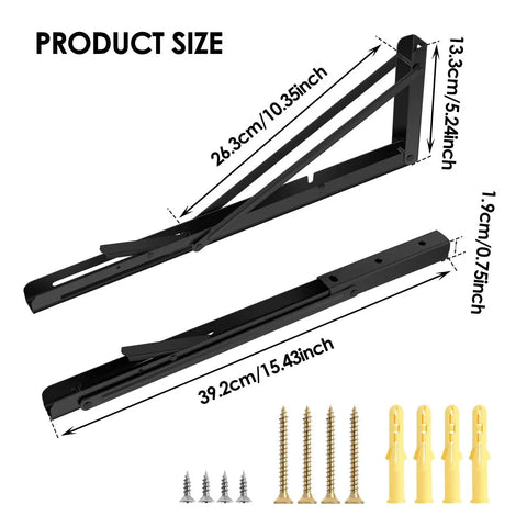 Heavy Duty Folding Shelf Brackets For Wall Mounts And Benches Collapsible Metal Support Brackets dimensions and screws shown