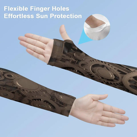 Kick Butt In The Dog Days Of Summer With Steampunk Mechanical Gear Ice Silk Arm Sleeves showcasing flexible finger holes for sun protection.