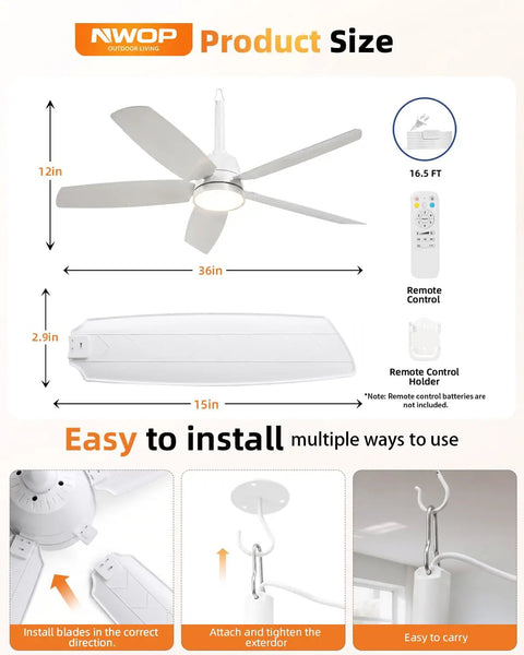 NWOP 28 Inch Plug-In Outdoor Ceiling Fan with Light and Remote, Waterproof Small Ceiling Fan for Patio Porch Balcony dimensions and features