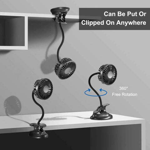 Clip On USB Mini Desk Fan With Emergency Power Bank Rechargeable Portable On The Go Personal Cooling Flexible Neck