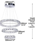 Lit Three Ring LED Chandelier With Changeable Color Temperature Modern Crystal Pendant Ceiling Light with size details