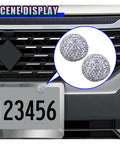 Fresh Bling Car License Plate Screws And Caps Kit Featuring Slick Anti Theft Bolts For Every Ride Premium White Rhinestone Hardware, close-up of rhinestone caps on license plate.