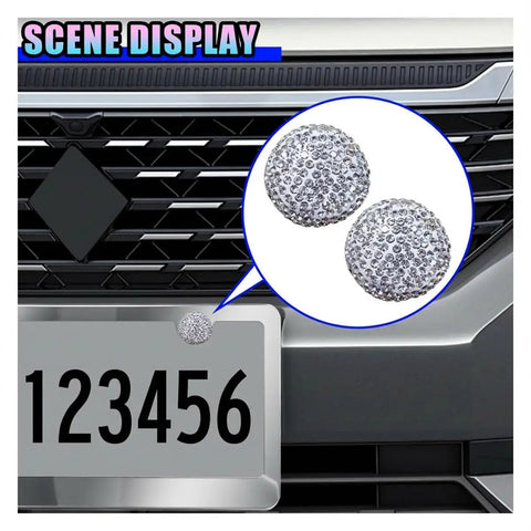 Fresh Bling Car License Plate Screws And Caps Kit Featuring Slick Anti Theft Bolts For Every Ride Premium White Rhinestone Hardware, close-up of rhinestone caps on license plate.