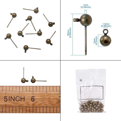 Antique Bronze Round Ball Post Stud Earrings Kit, 100 Pcs Brass Ear Pins With 1mm Loop For Jewelry Making, Vintage Style DIY Jewelry Supplies, 14.5mm Length, 12mm Width, 1.2mm Hole, assorted pins with size markings