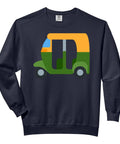 Rad Auto Rickshaw And Tuk Tuk Graphic Sweatshirt For Adults Hella Cozy Comfort Colors Pullover in black with colorful tuk tuk design.
