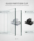 Heavy Duty Aluminum Glass Partition Clip Connector For Shelves And Cabinets in silver and black finish on glass panels