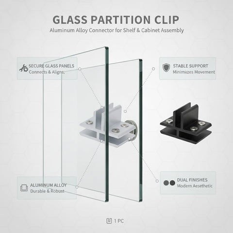 Heavy Duty Aluminum Glass Partition Clip Connector For Shelves And Cabinets in silver and black finish on glass panels
