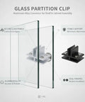 Shelf Clip Aluminum Alloy Glass Partition Connector for Cabinet and Display Assembly, showing dual finishes and glass panels.