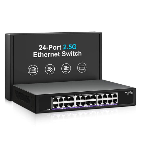 Unmanaged 24 Port 2.5G Ethernet Switch With 160Gbps Switching Capacity in a sleek fanless metal case, ideal for desktop or rack mount.
