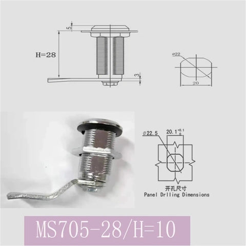 Keyed Zinc Alloy Quarter Turn Cam Lock Set with dimensions for cabinets, factory direct 10mm height, waterproof, rustproof design.